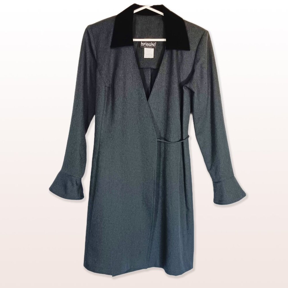 Vintage 80's Brioche Charcoal Wrap Dress w Black Velvet Collar Size 6*
